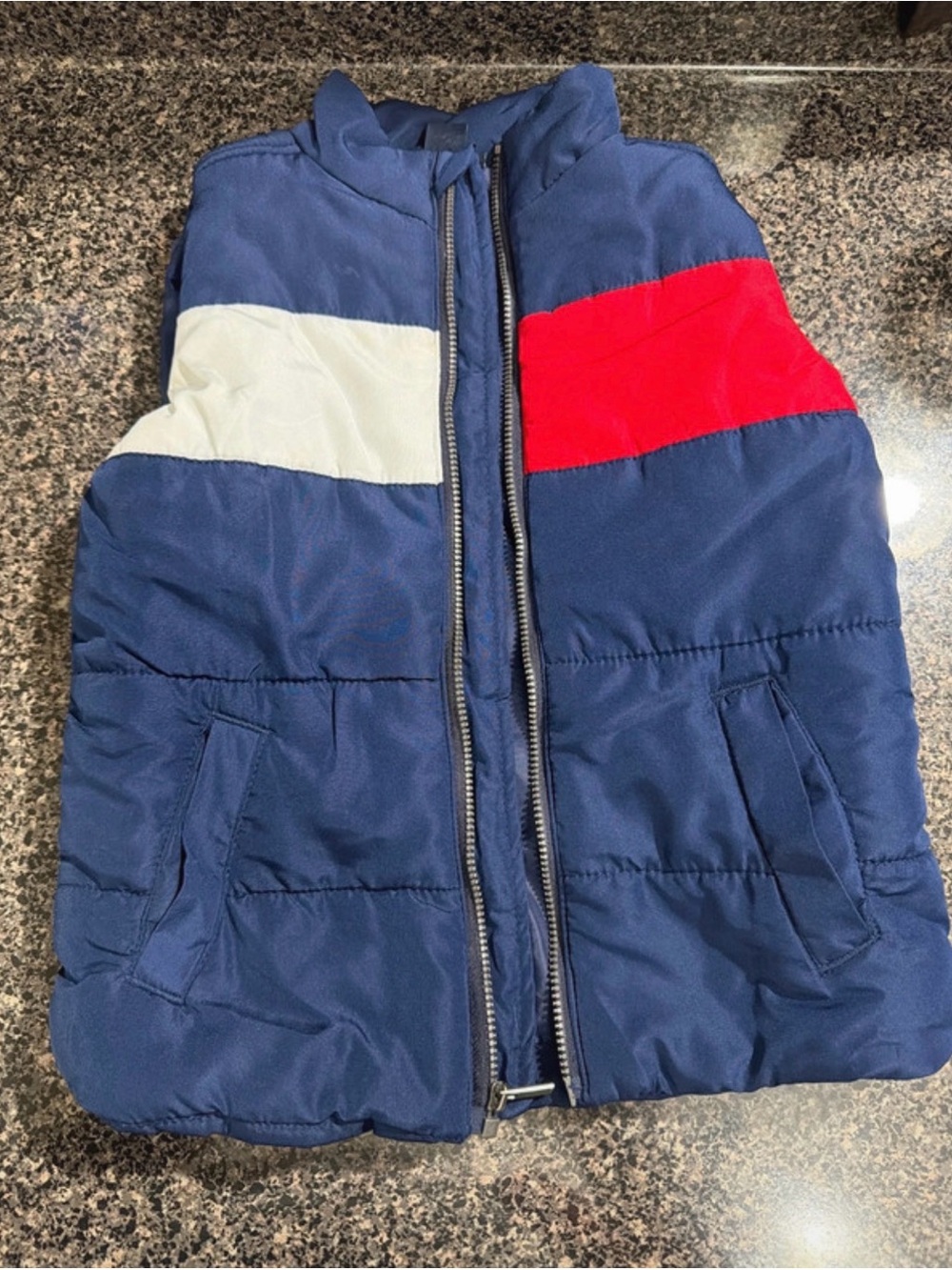 Tommy Hilfiger Boys Navy Puffer Vest with Red & White Chest Stripes